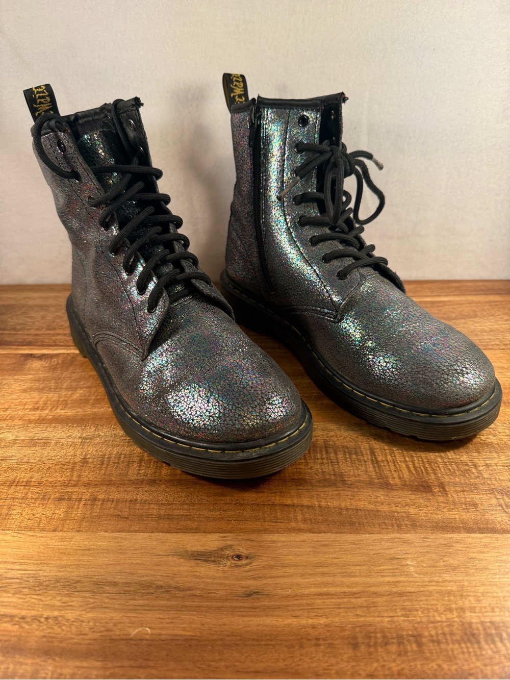 Dr. Martens 1460 Glitter Combat Boots Iridescent Silver Size 6